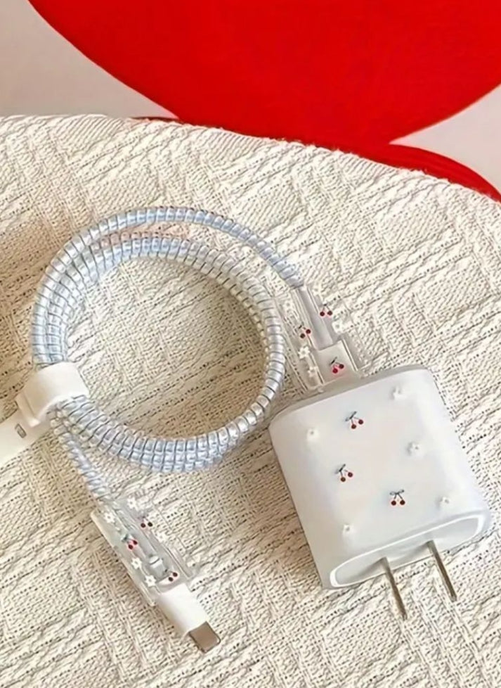 Juego de funda protectora con diseño de cereza para cargador y cable de carga